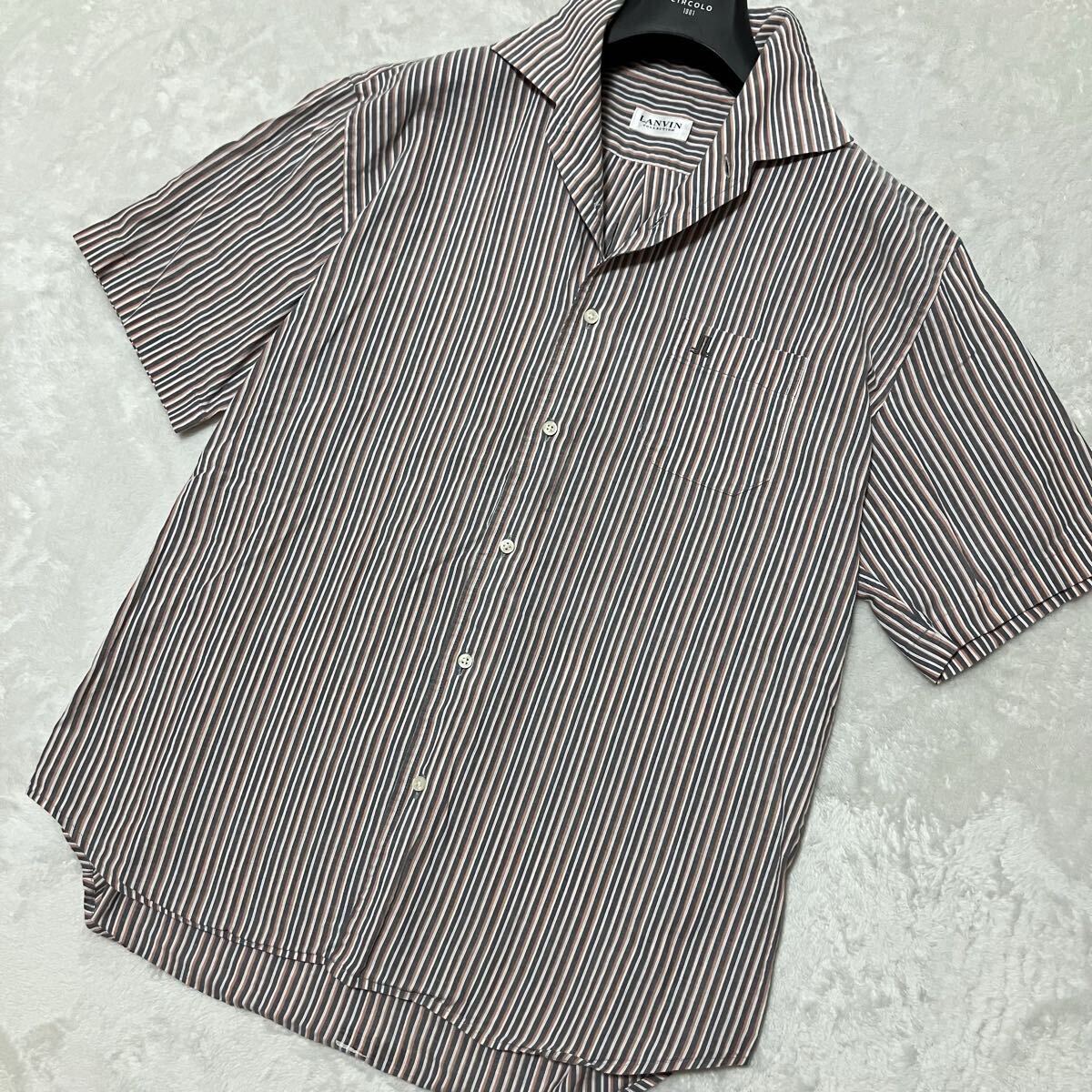 希少サイズXL! 日本製 LANVIN ランバン 半袖シャツ グレー ストライプ メンズ トップス拍卖