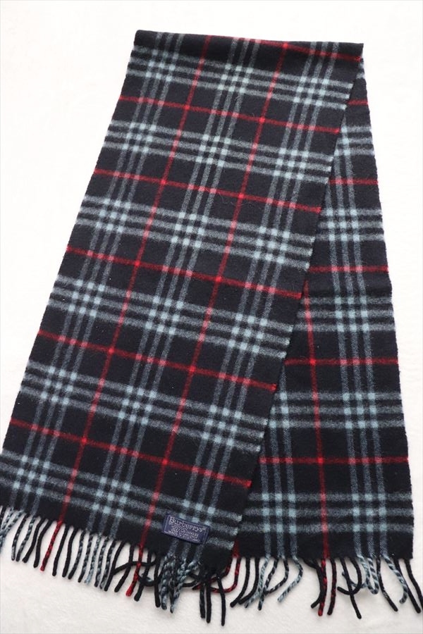 Burberrys バーバリー スコットランド製 ノバチェック カシミヤ100% マフラー 紺色拍卖