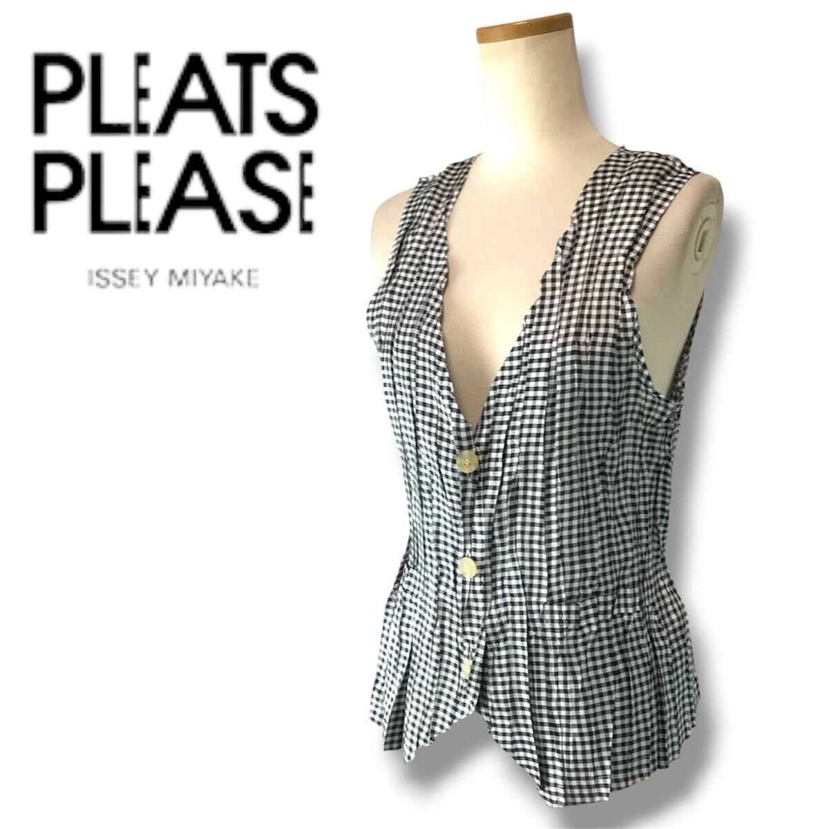 s17 PLEATS PLEASE ISSEY MIYAKE プリーツ プリーズ イッセイミヤケ ノースリーブ ベスト ジレ ブラウス ギンガムチェック 4 日本製 正規品拍卖