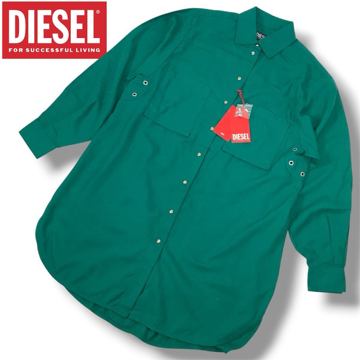 s75 未使用 DIESEL ディーゼル ロゴ刺繍 長袖シャツ ブラウス XS トップス グリーン D-SUPER-ICOT レディース オーバーサイズ 正規品拍卖