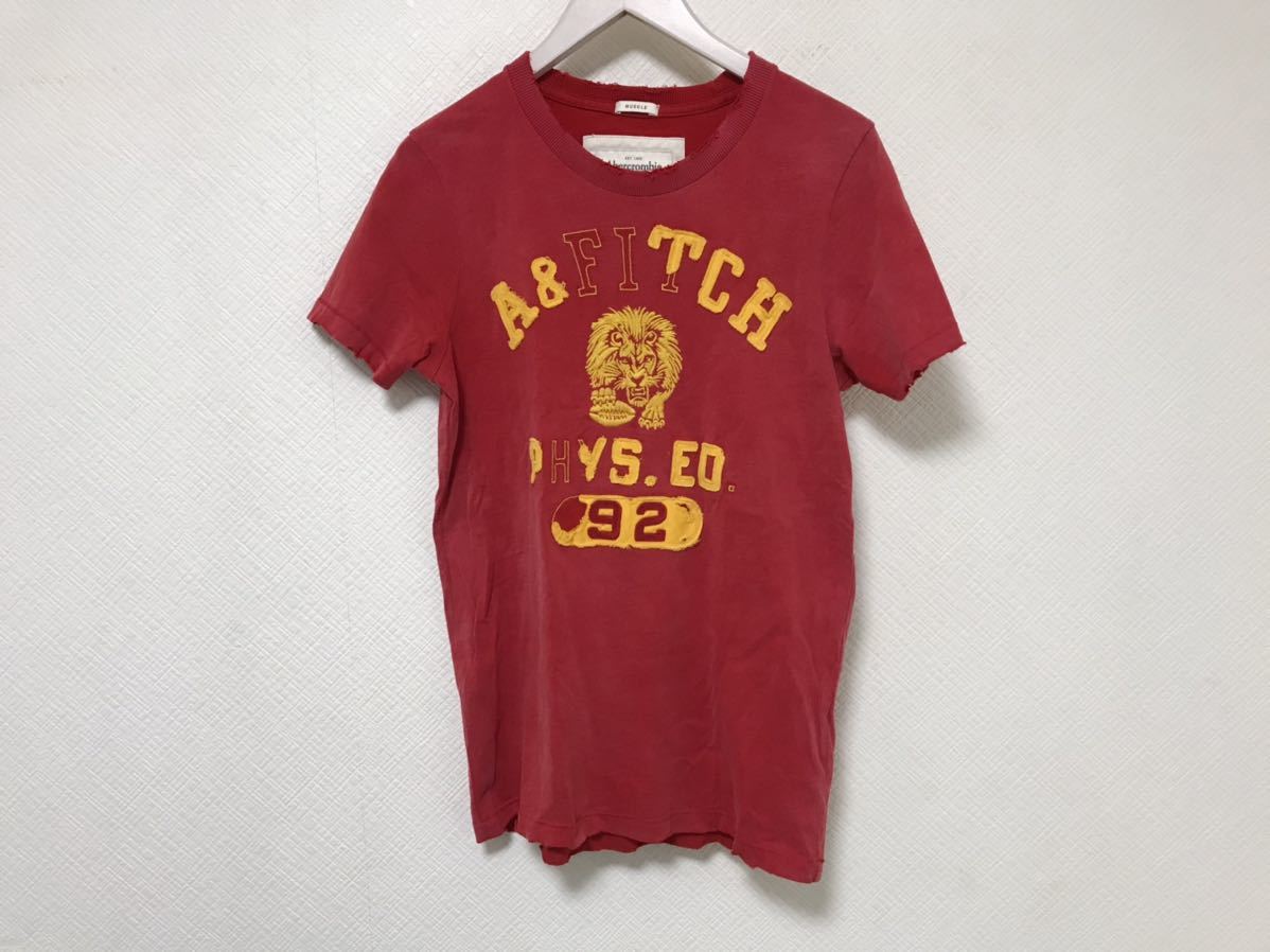 本物アバクロンビー&フィッチAbercrombie&Fitch虎トラ刺繍コットンダメージ加工プリント半袖Tシャツメンズレディース旅行トラベルS赤レッド拍卖