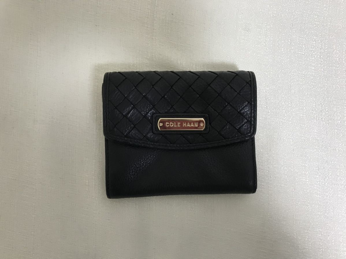 本物コールハーンCOLEHAAN編み込み本革レザー財布サイフ黒ブラックコインケースカードケース旅行トラベルビジネスレディースメンズ拍卖