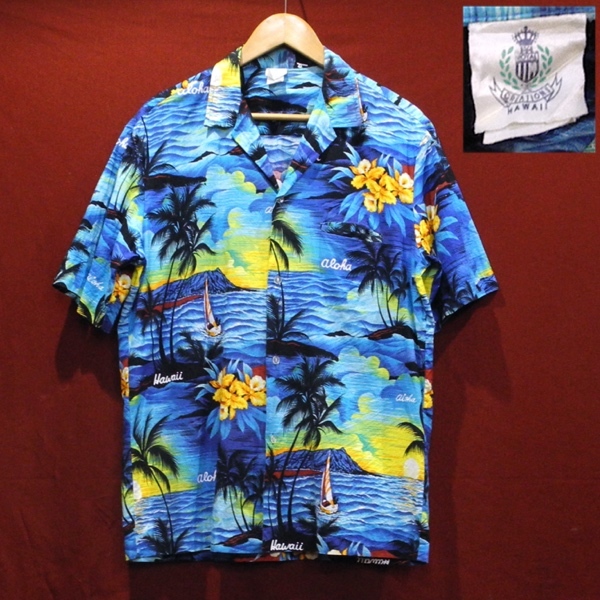 ROYAL CREATIONS ロイヤルクリエーション 80's USA製 ハワイ製 旧タグ ハワイ海岸 夕陽 総柄 アロハシャツ 半袖シャツ 青 L 美品拍卖