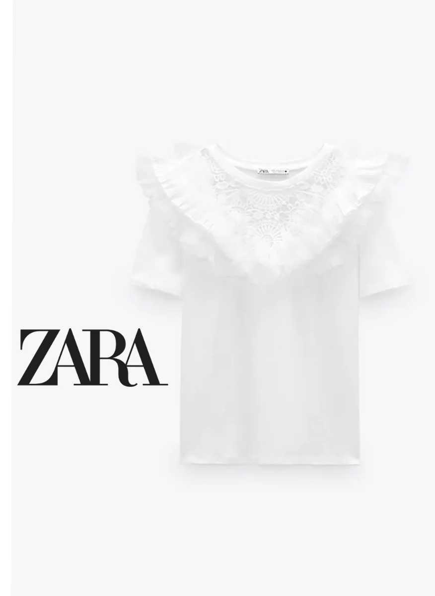 【ZARA】レース フリル Tシャツ(M) ザラ拍卖
