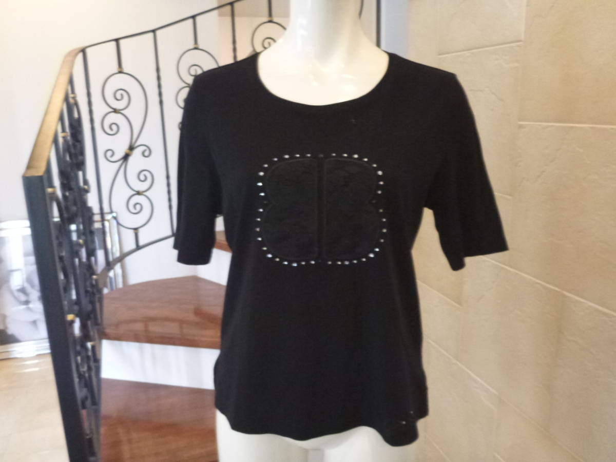 新品同様 BIKI ビキ ブティック ★ 高級婦人服 日本製 黒 ラインストーン×刺繍×レース 半袖カットソー 40 L相当拍卖