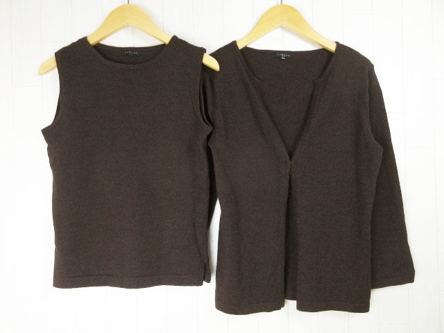 タバサ TABASA アンサンブルニット カーディガン 八分袖 ノースリーブニット ウール ダークブラウン 34 秋冬拍卖