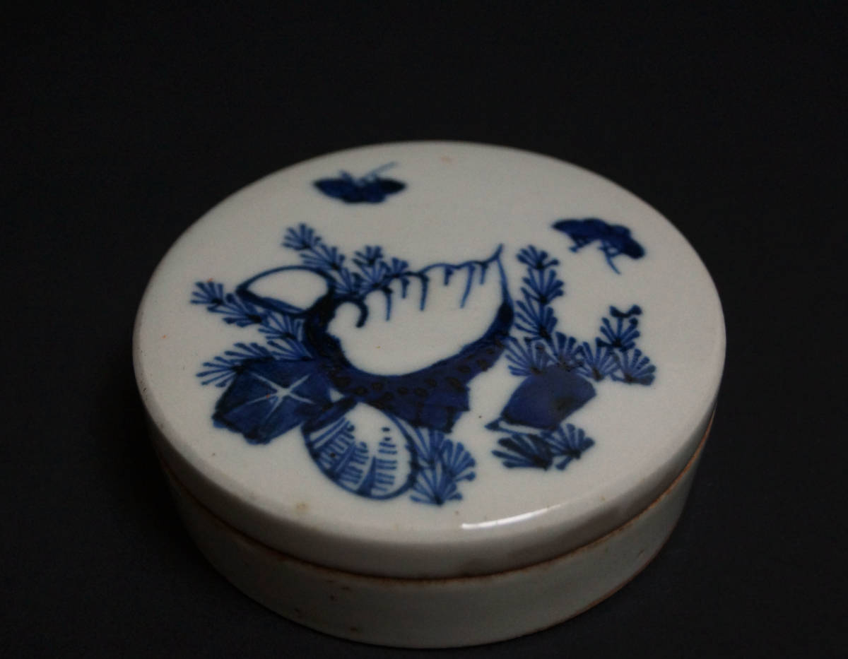 【閑】清 景徳鎮染付『蝶々花文』朱肉池 印泥 印合 印盒 唐物★時代物★3D0811■拍卖