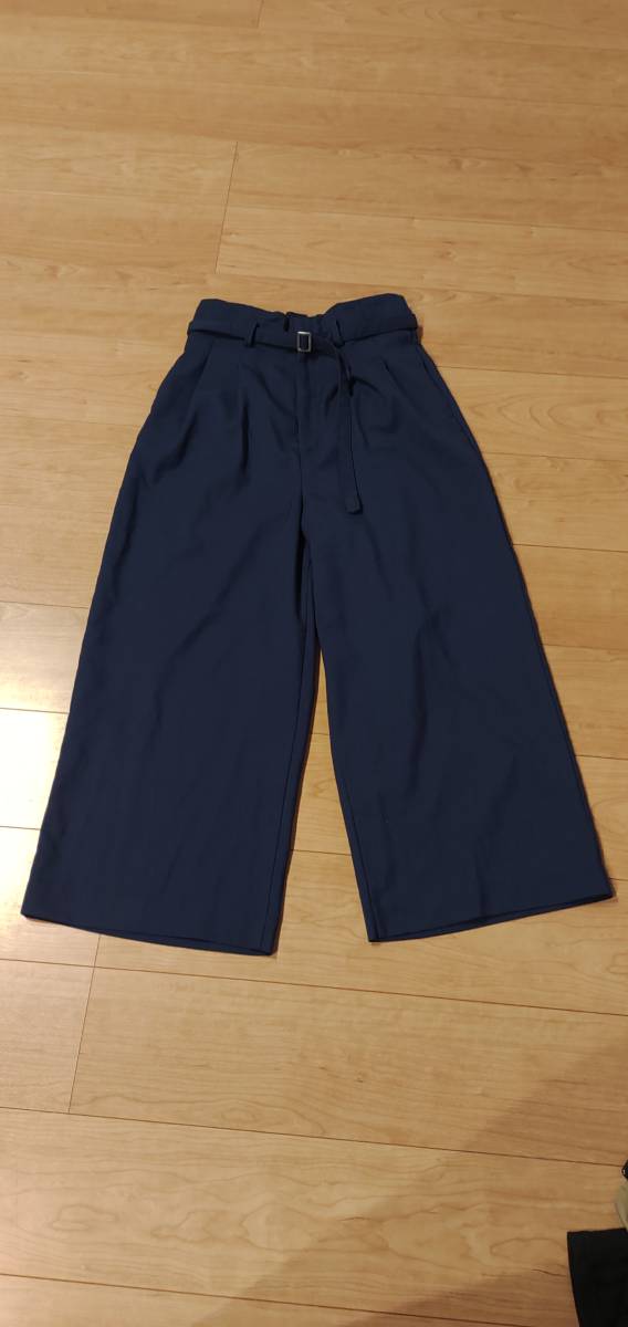 ハイウエスト 細ベルト付 デザイン 美スタイル ワイド パンツ L ネイビー 紺拍卖