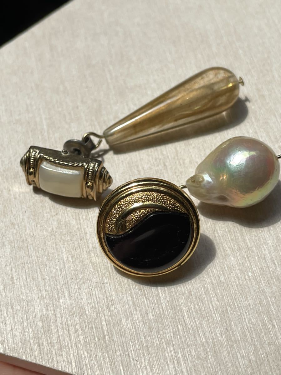 P. ヴィンテージボタン バロックパール ピアス アシンメトリー 3way拍卖