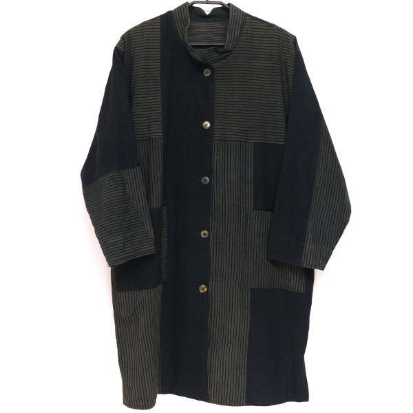1861S2◆古布リメイクコート◆リバーシブル◆縞木綿◆藍無地◆絵絣◆筒描き◆刺し子◆両面ポケット◆ゆったりサイズ◆中古◆古着拍卖