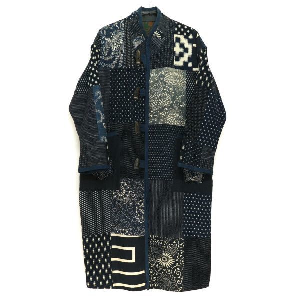 1864S2◆古布リメイクコート◆リバーシブル/藍染木綿/柿渋染め幟旗/蚊絣/雪ん子/書生絣/型染/おかめとひょっとこ/アップリケ/古着拍卖