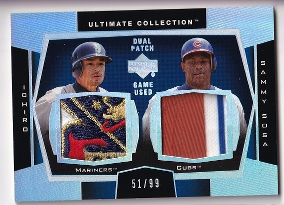 【激レア!! ダブルパッチカード】2003 Upper Deck ULTIMATE COLLECTION DUAL PATCH #DP-IS ICHIRO/SAMMY SOSA 51/99 ジャージナンバー拍卖