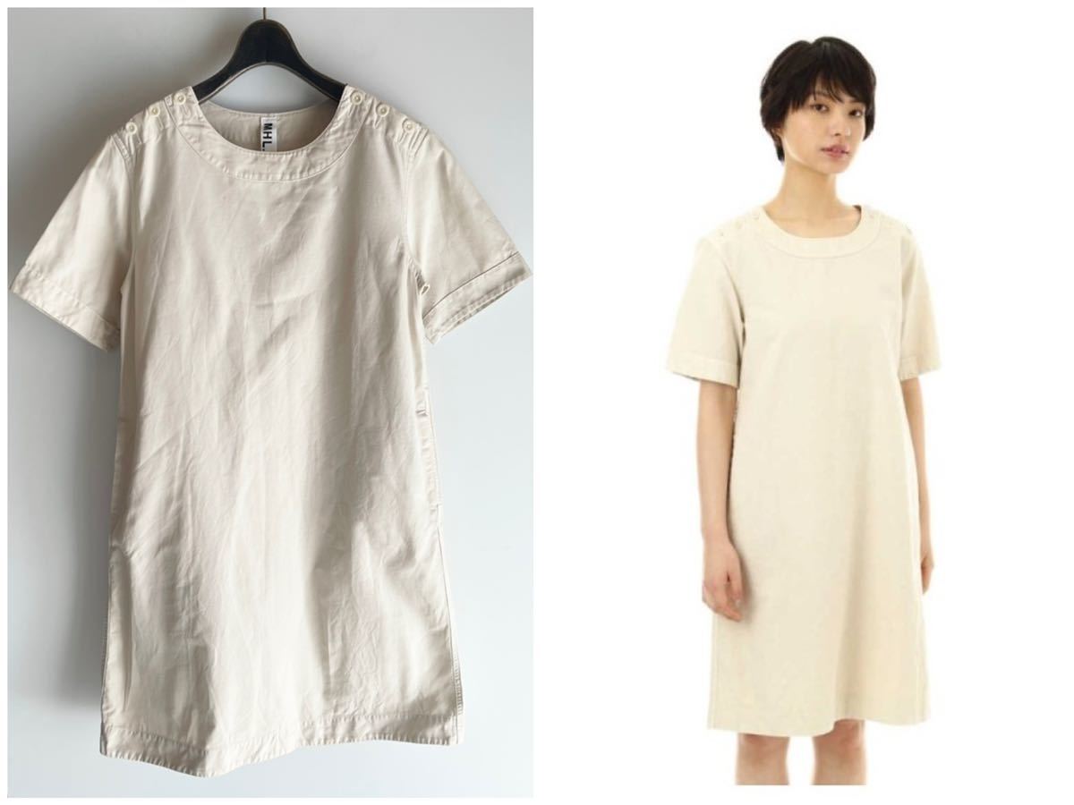 美品 17SS MHL. MHL. GARMENT DYE CANVAS コットンリネン肩ボタンワンピース オフホワイト サイズ1 S 製品染め マーガレットハウエル拍卖