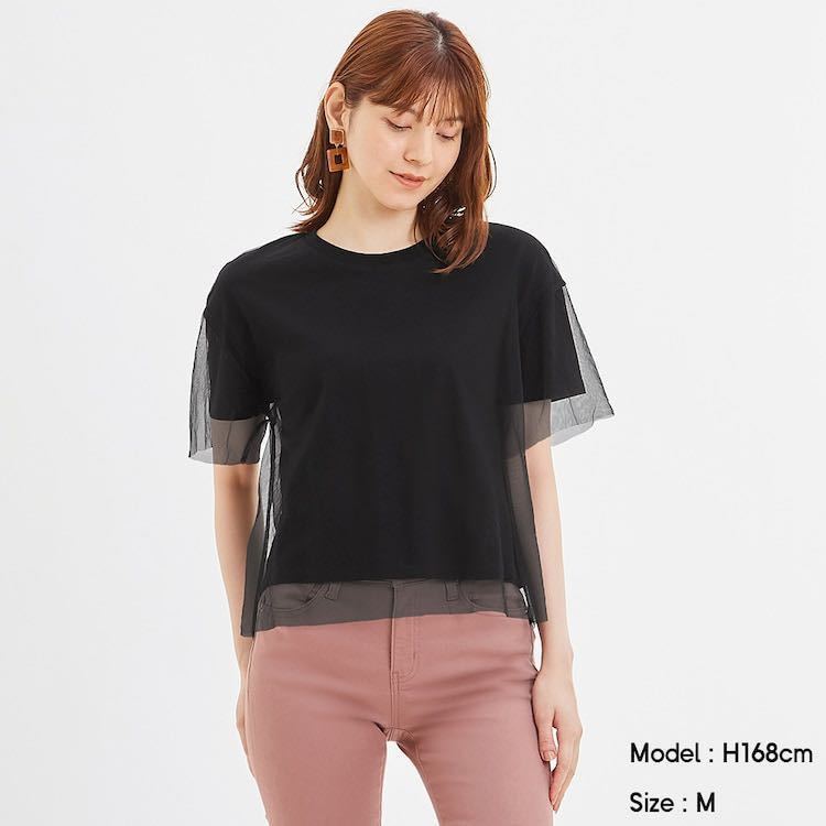 GU/ジーユー シアードッキングT 5分袖 ブラック 黒 M拍卖