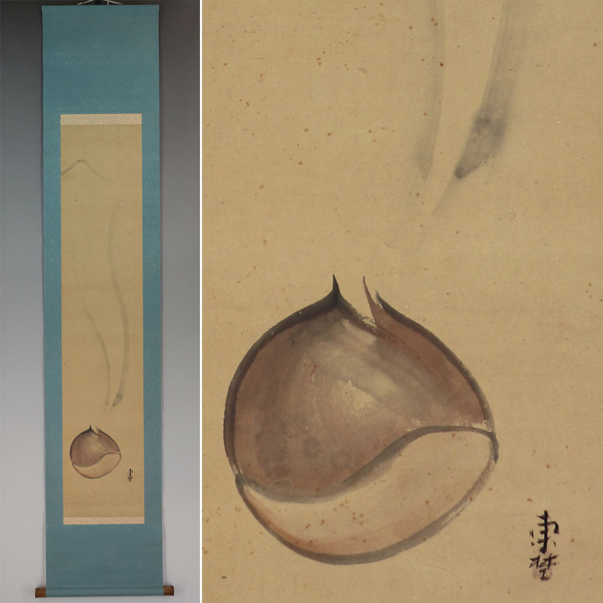 【肉筆】在銘【栗に富士】◆紙本◆掛軸 v07019b拍卖