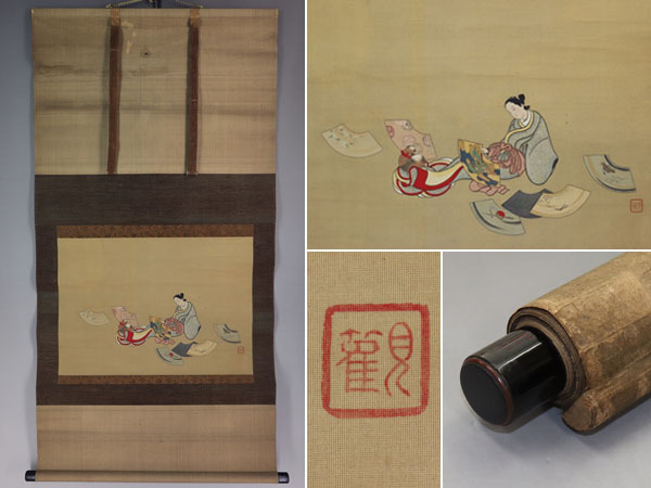 名品【真作】小川破笠【猫に元禄美人】◆絹本◆合箱◆掛軸 v06183拍卖