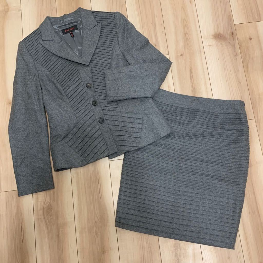 美品♪気品 ESCADA エスカーダ カシミヤ ウール イタリア製 スカート スーツ グレー セットアップ お食事会 冠婚葬祭拍卖