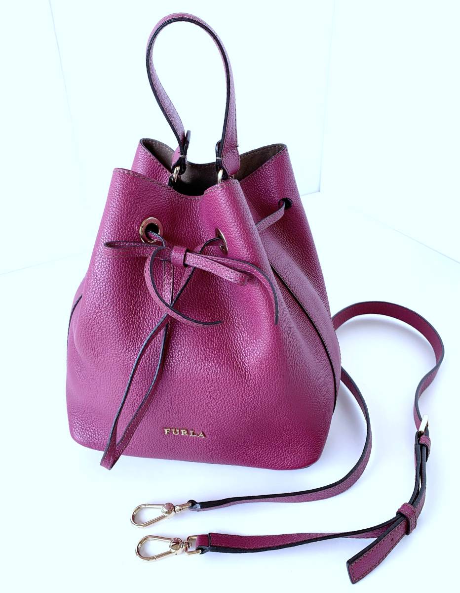 ★送料無料 FURLA フルラ トートバッグ ショルダーバッグ 赤紫色 本革 レザー レディース 女性用拍卖