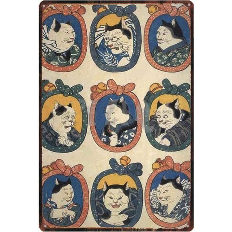 A3270 メタル サイン ブリキ 看板 金属 製 プレート サムライ 猫 侍 武士 刀 般若 鬼 浮世絵 和風 日本 タトゥー【2871】拍卖