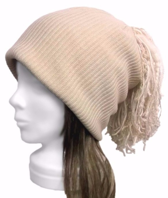 【ラスト1点】ハンドメイド◆mixフリンジ付/ワッチキャップ◆ウール混リブニット/ベージュ ◇ゆったり・小顔効果・長いシーズン着用◇拍卖