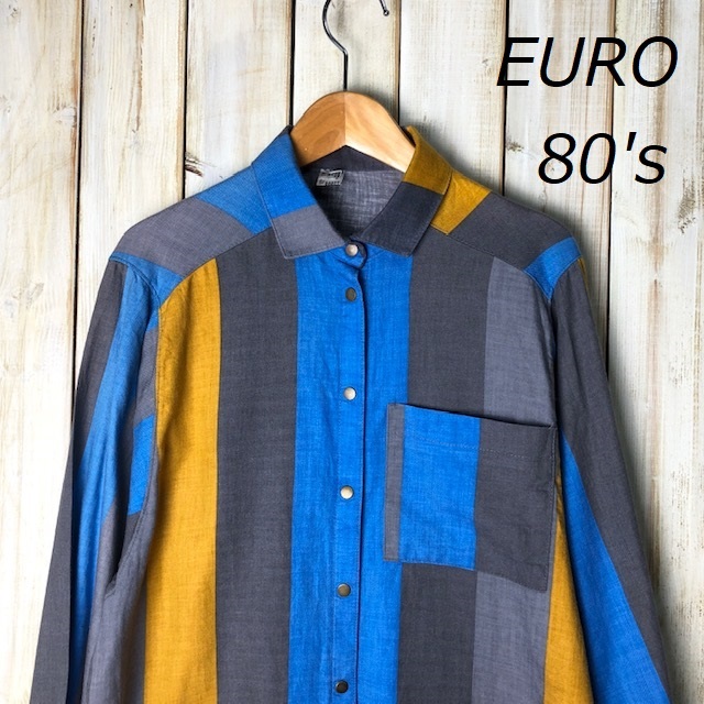 EURO古着 80s 西ドイツ製 極太ストライプシャツ M~L オールド ヴィンテージ ヨーロッパ ユーロ 切り替え ●156拍卖