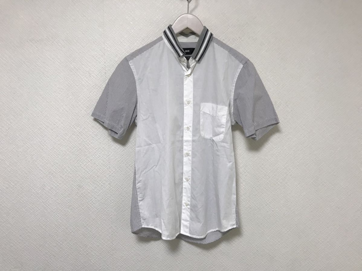 美品本物ハレHAREコットン切り替えしストライプ柄半袖シャツ旅行トラベルメンズ白グレーホワイトS日本製拍卖