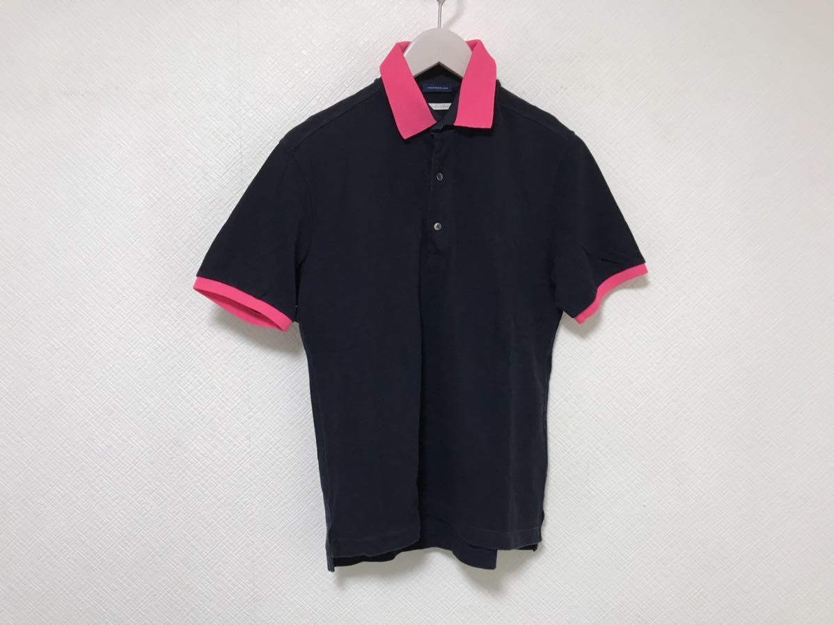本物トゥモローランドtomorrowlandコットンニット切り替えし無地半袖ポロシャツ旅行トラベルメンズブルーテニスゴルM日本製黒ブラック拍卖