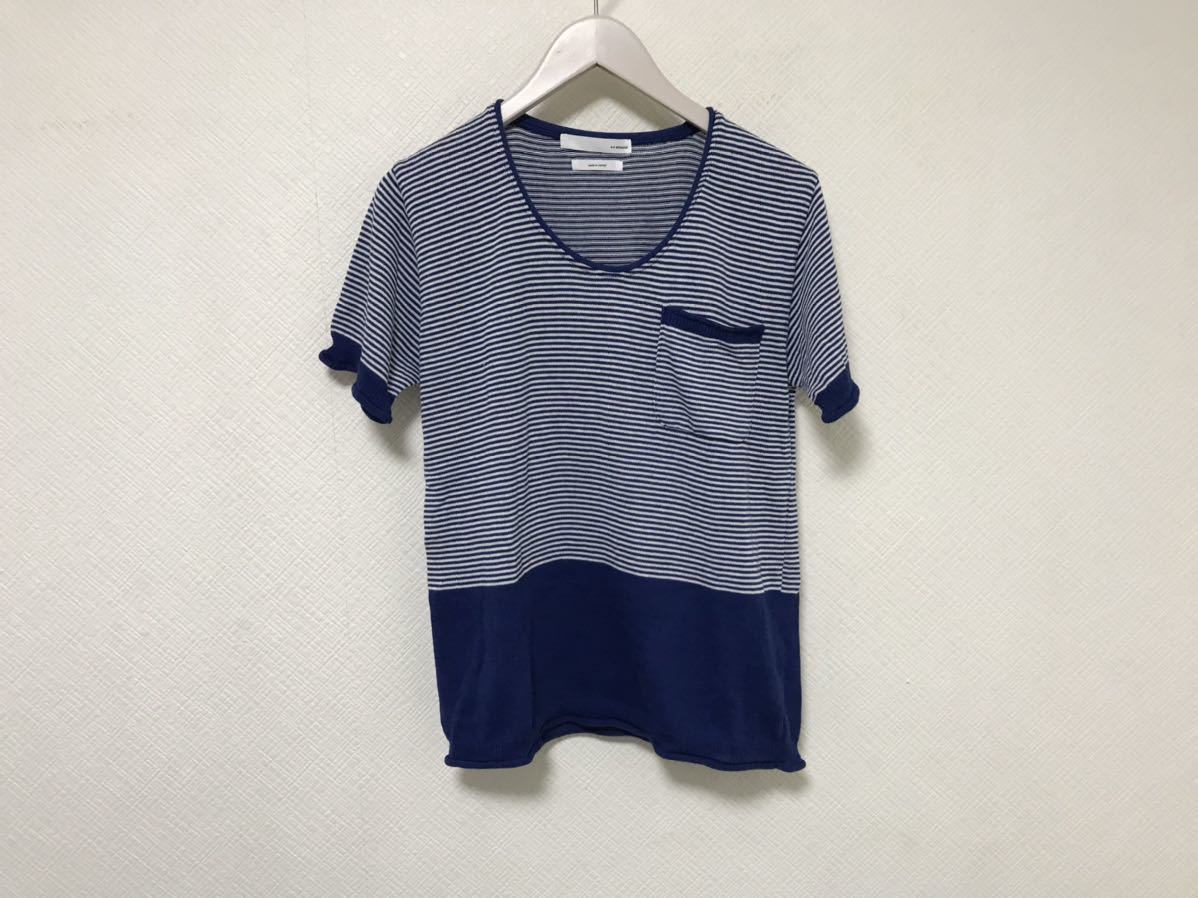 本物ステュディオスSTUDIOUSコットンリネン麻ボーダー柄ニットセーター半袖Tシャツ旅行トラベルメンズブルーホワイト日本製M拍卖