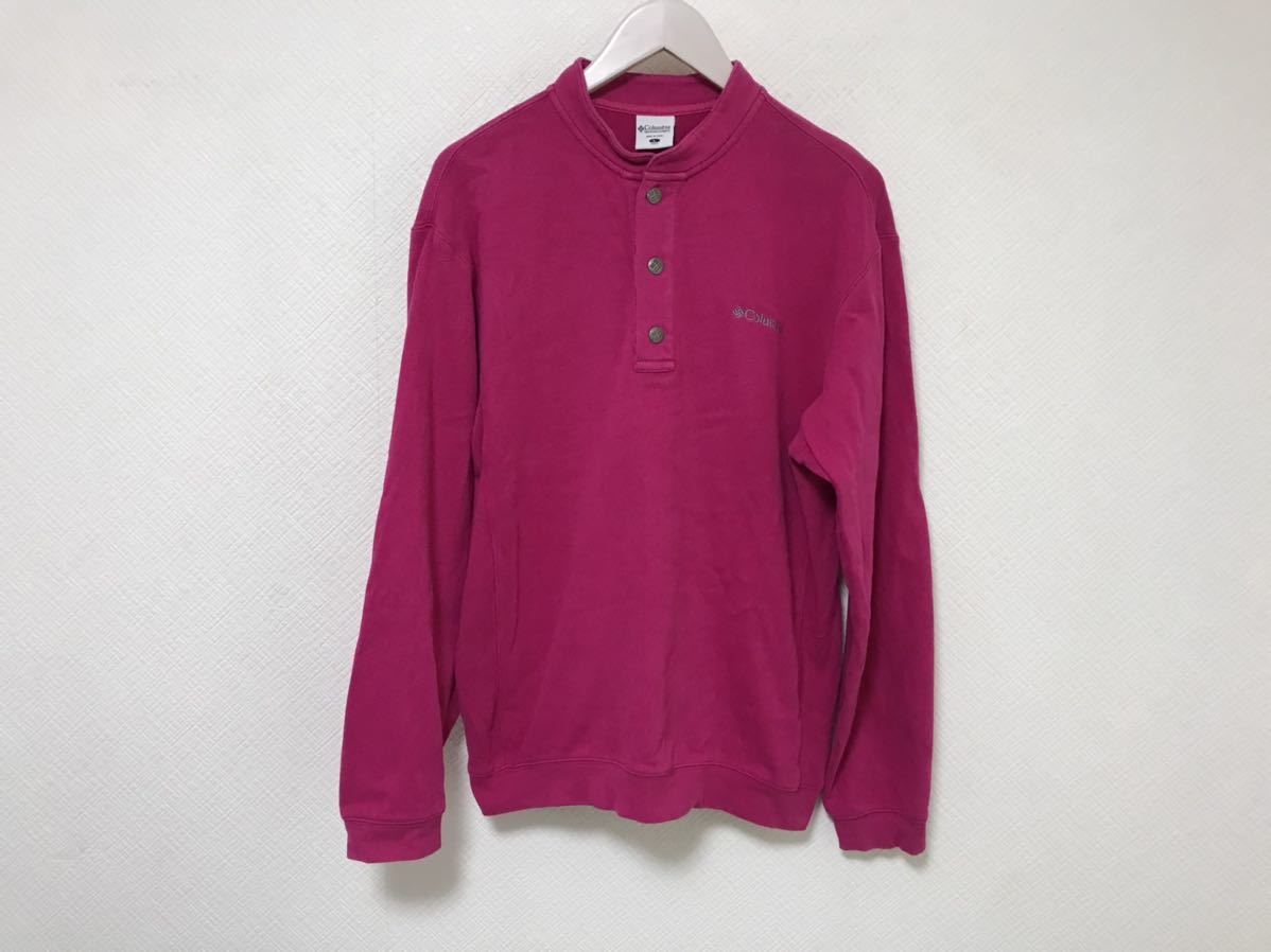 本物コロンビアColumbiaロゴ刺繍ブランドヘンリーネック長袖スウェットトレーナー旅行トラベルメンズLピンクアウトドアアメカジ拍卖