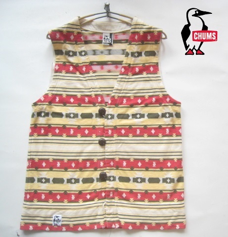 高級!!チャムス CHUMS*ロゴ織り柄ボーダー柄コットンスウェット前開きベスト S ベージュ×白×赤×カーキ拍卖