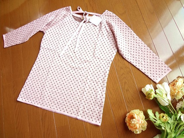 新品 innocent ピンク 茶 ドット柄 リボン 七分袖 ニット L 日本製 セーター拍卖