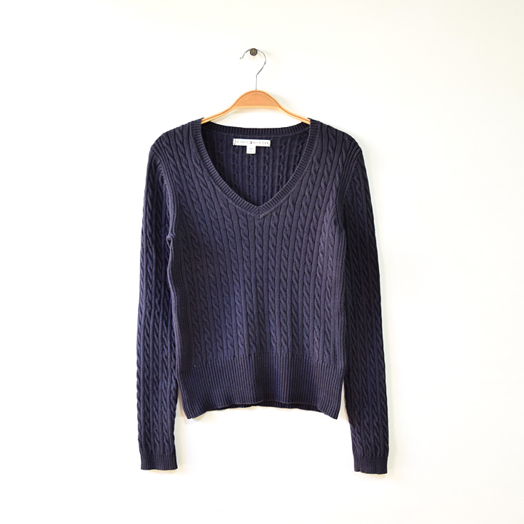 【送料無料】トミーヒルフィガー コットンニット Vネック セーター ケーブル模様 レディースS TOMMY HILFIGER USA アメリカ古着 CH0604拍卖