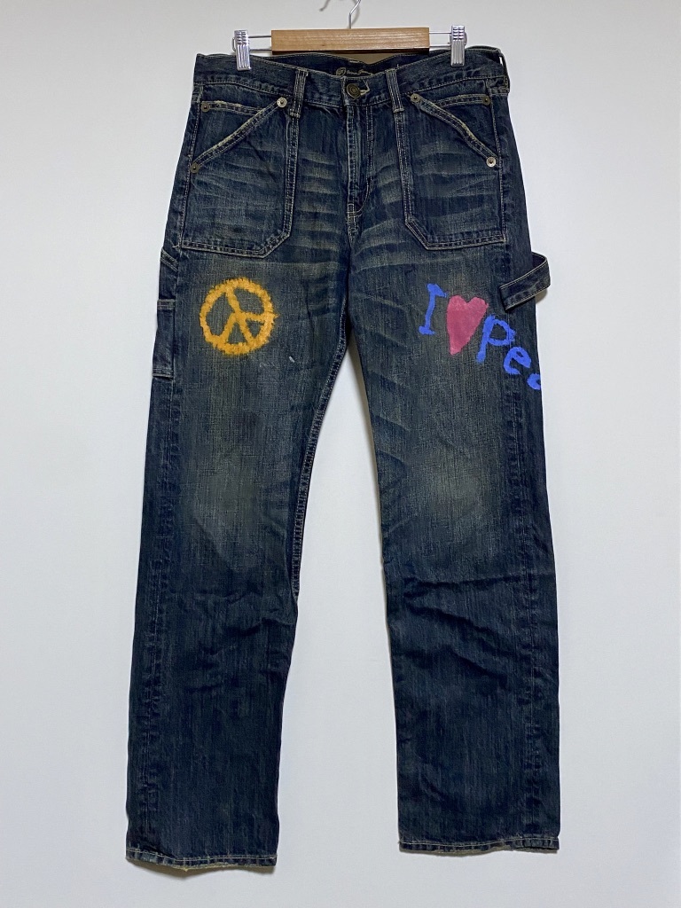 Oririn Jeans オリリン デニムペインターパンツ ストレートデニムパンツ ペンキプリント 67 インディゴ ピースマーク スター ダメージ加工拍卖