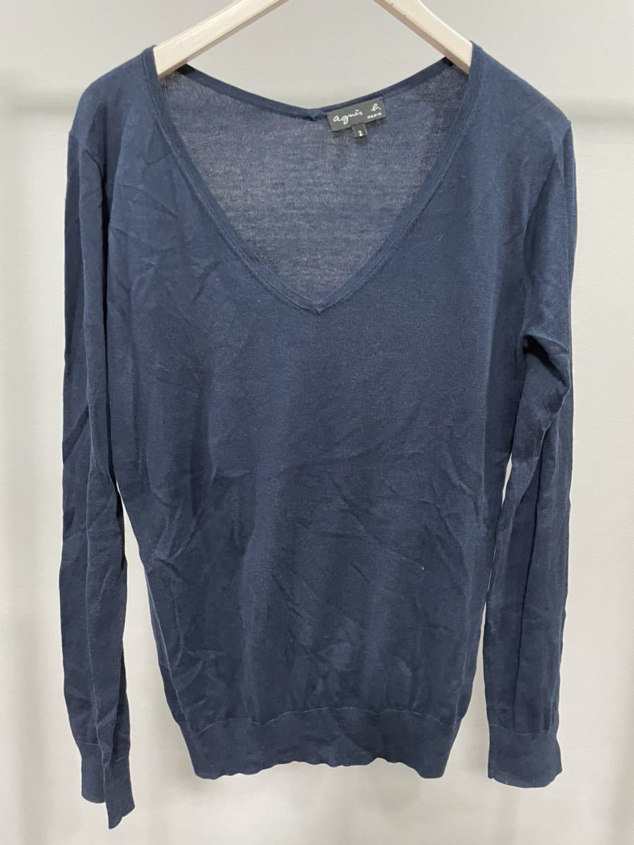 agnes b. アニエスベー フランス製 Vネックニットセーター 長袖トップス紺レディース拍卖