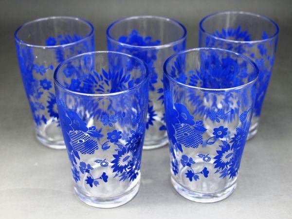 C-657 A プリント ガラスコップ 花柄 昭和レトロ 5客 東洋ガラス株式会社 #46-34 デッドストック品 レトロガラス 蔵出 古玩拍卖