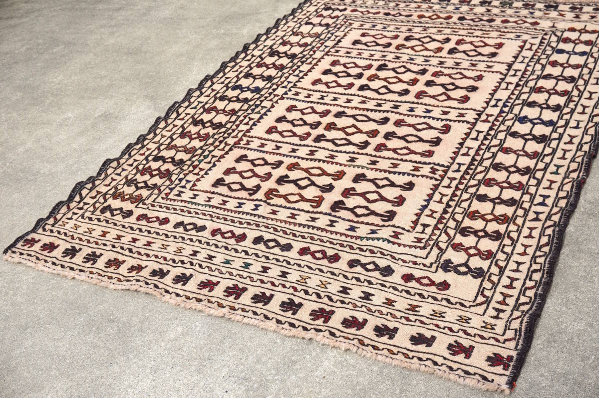 アフガンキリム スマック織り 174cm×126cm ベージュ系 アフガニスタン トライバルラグ 手織り カーペット ヴィンテージ セミオールド ②拍卖