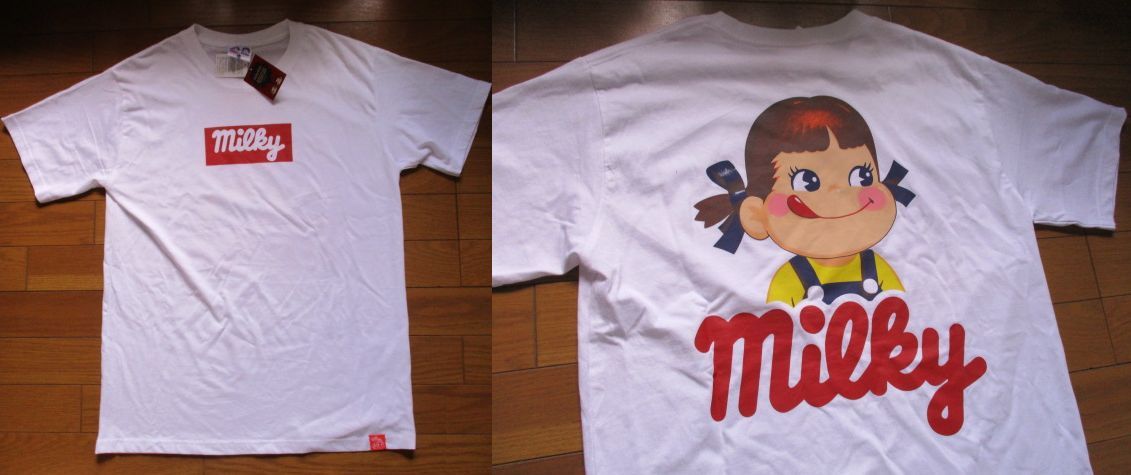 新品 即決価格 不二家 ペコちゃん Tシャツ Lサイズ 白 ボックスロゴ ミルキー 正規品 前後印刷 ビッグフェイス 早い者勝ち拍卖
