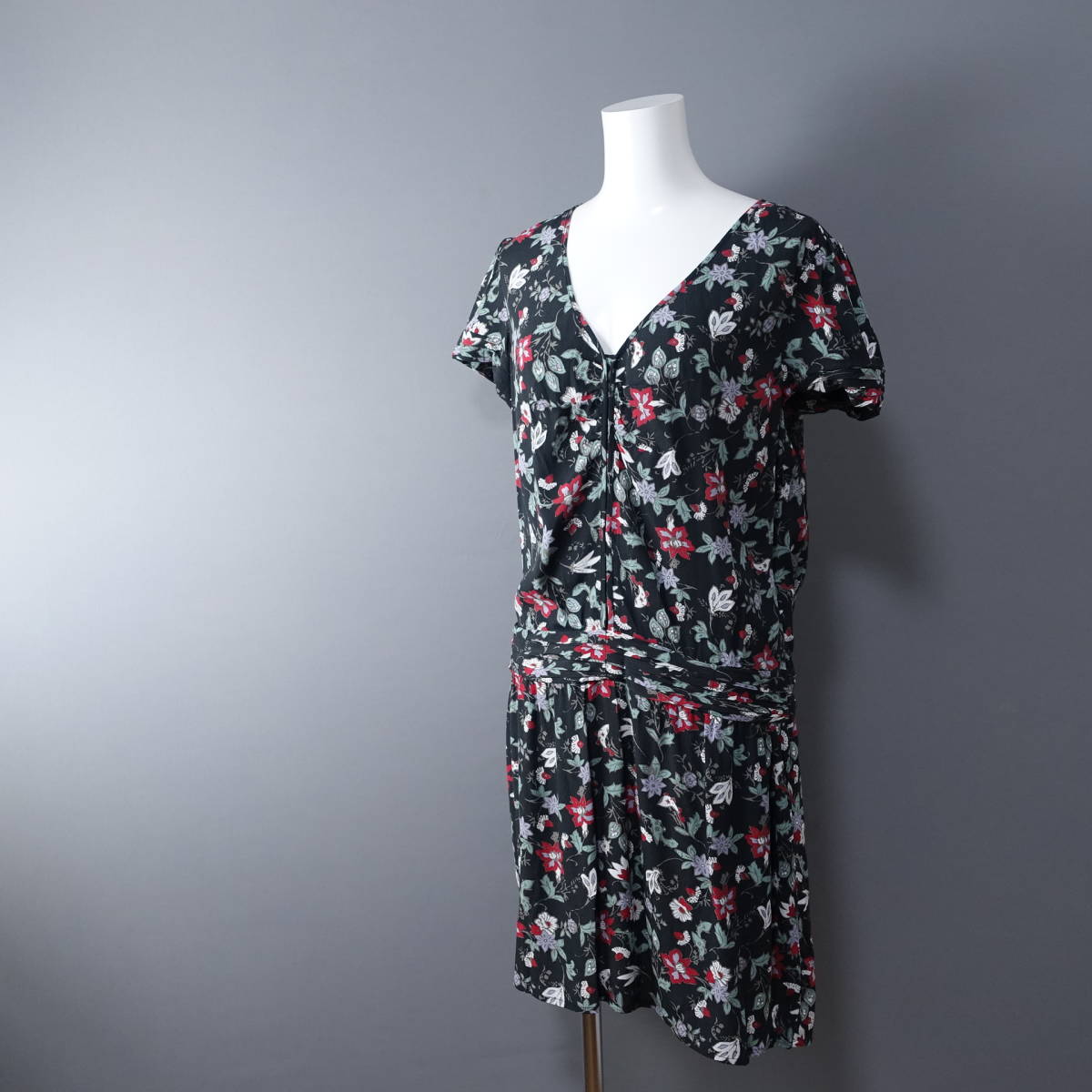 Comptoir des Cotonniers/コントワー・デ・コトニエ/36/花柄半袖チュニックワンピース/ブラックベース 黒 S拍卖