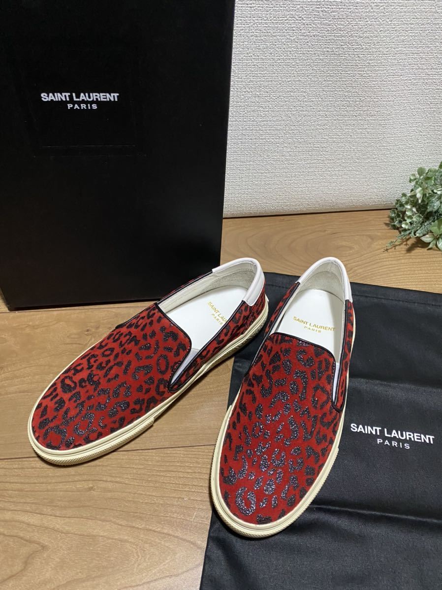 新品★定価11万円SAINTLAURENTPARISサンローラン本革スウェードスリッポンスニーカー35パンクUKロックな赤豹柄ヒョウ柄スペイン製22.5cmYSL拍卖