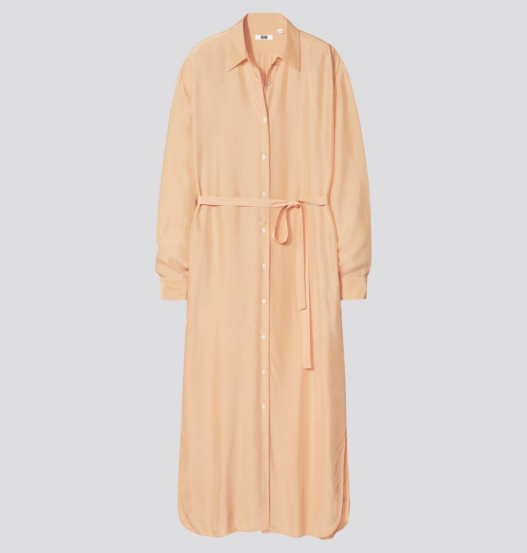 未使用タグ付き ユニクロU ユー*シャイニー レーヨン ロング シャツ ワンピース М オレンジ① 淡いピンクオレンジ 長袖拍卖