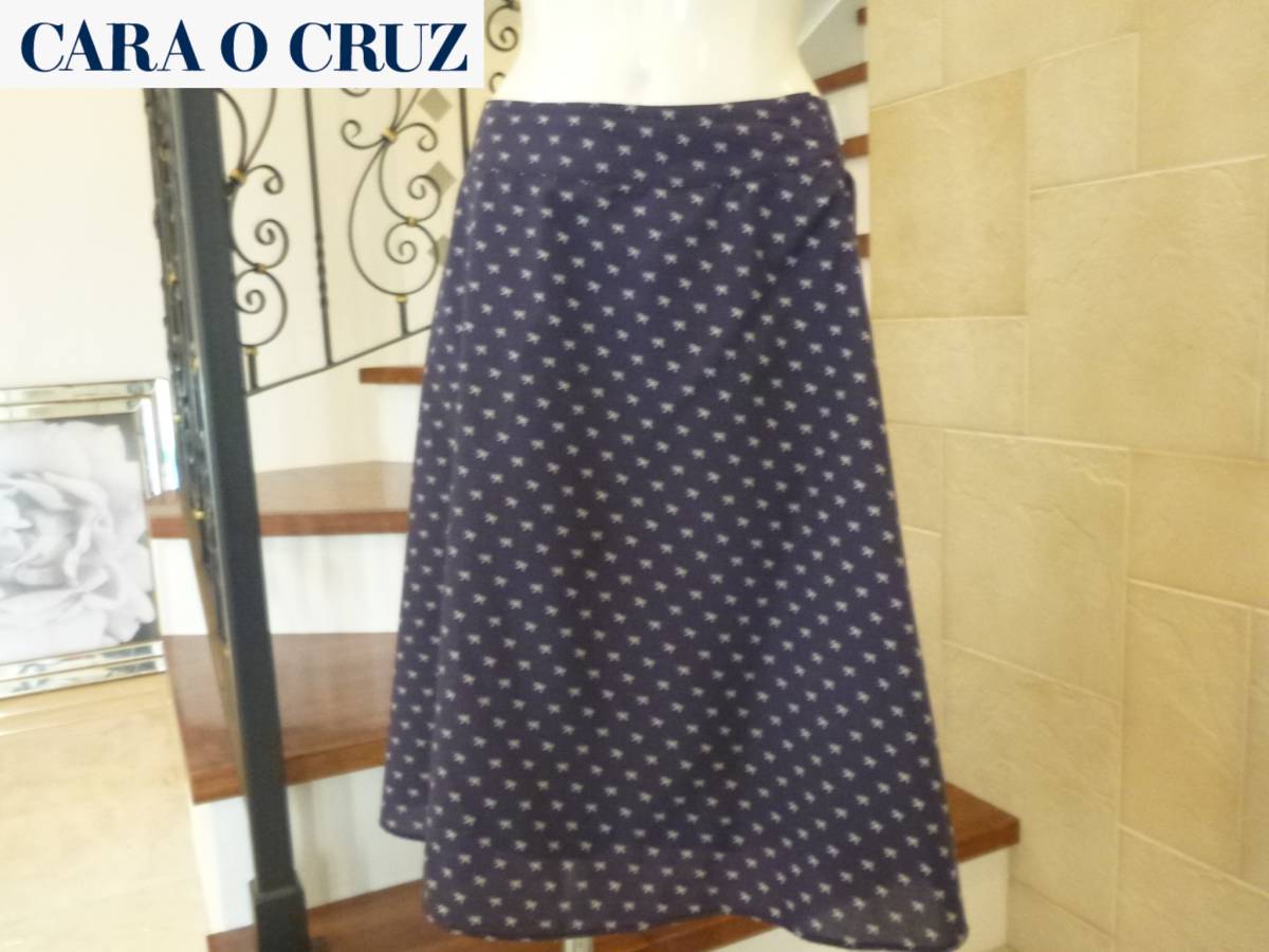 3万 美品 CARA O CRUZ キャラオクルス ★レリアン 日本製 紺×白 リボン柄 スカート 9 M相当拍卖