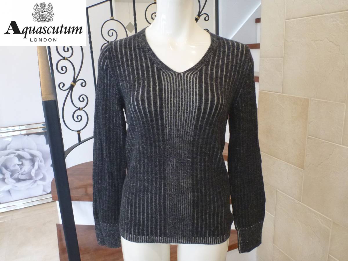 3.5万 アクアスキュータム(Aquascutum)ブラック系 リブ編み 長袖セーター 10 M相当拍卖