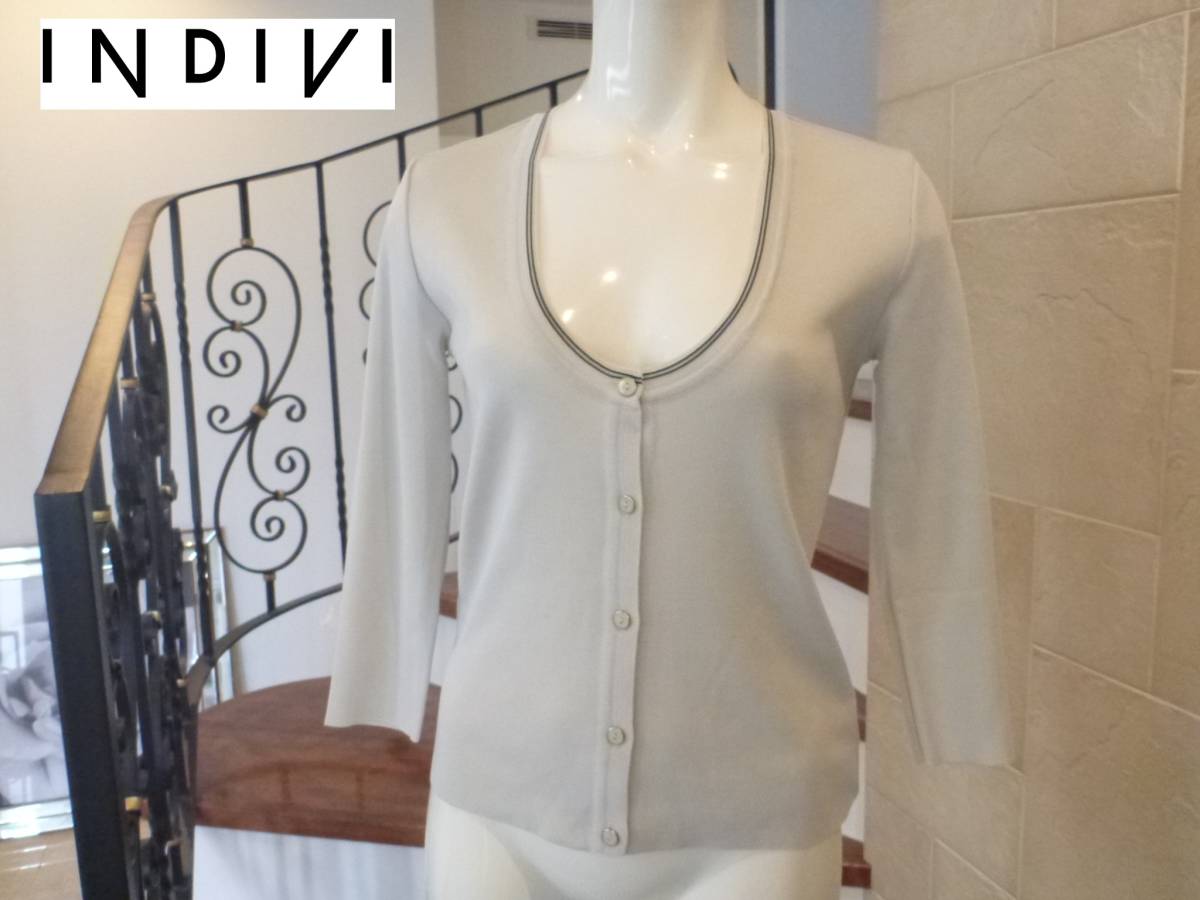 1.2万 美品 INDIVI インディヴィ インディビ ★ベージュ×黒 さらっと生地 カーディガン 38 M相当拍卖