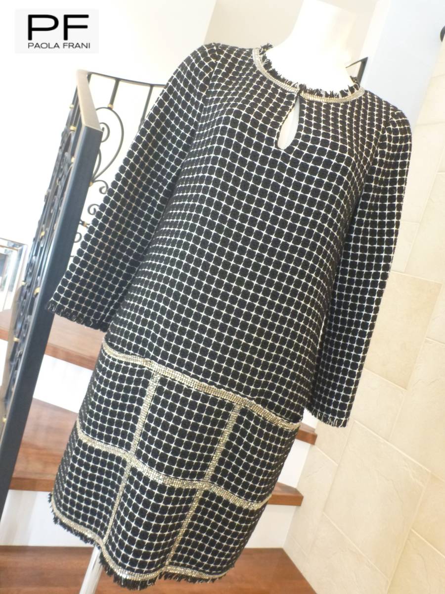 8万 新品同様 PAOLA FRANI パオラフラーニ ◆黒×白 ツイード ワンピース 40 M相当拍卖