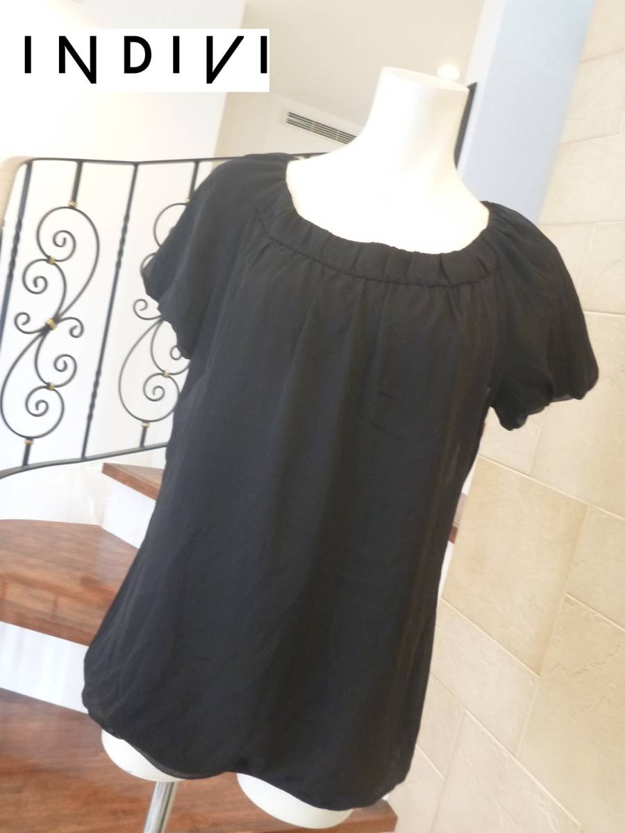 1.2万 美品 INDIVI インディヴィ インディビ ★黒 シフォン重ね 半袖 トップス 38 M相当拍卖