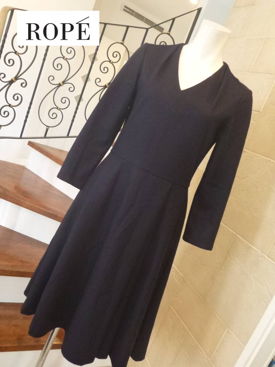 2万 美品 ROPE ロペ ★濃紺 ウール 長袖 美ライン ワンピース 36 S相当 日本製拍卖
