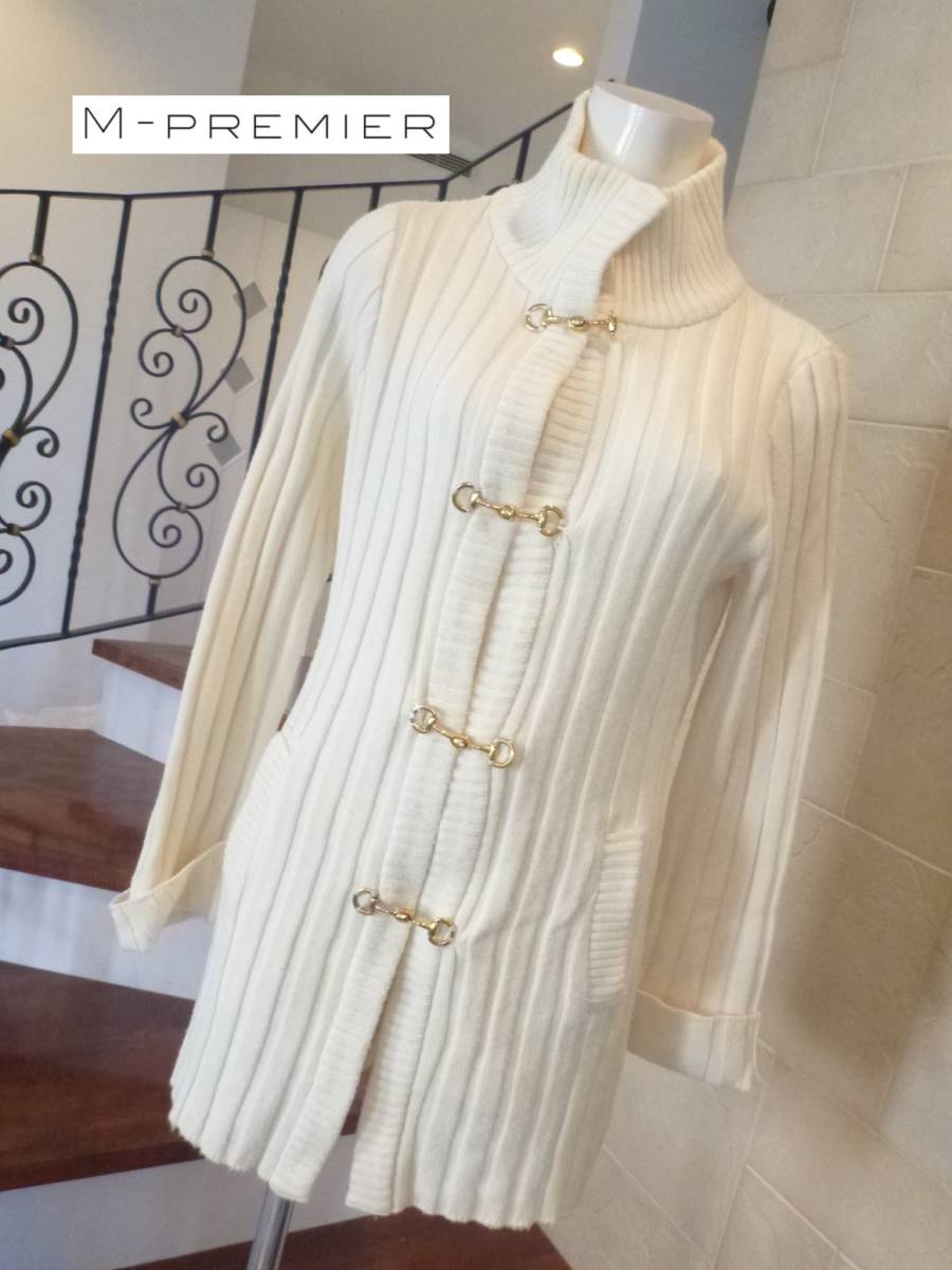 2.8万 M Premier Mプルミエ エムプルミエ オフホワイト ゴールド金具 厚手 ダッフル ロング カーディガン リブ編み 38 M相当拍卖