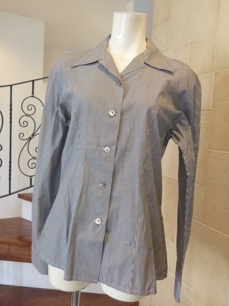 美品 Tendance Par Ray BEAMS テンダンスパーレイビームス ★グレー 白 ストライプ柄 日本製 シェルボタン ビームス M相当拍卖