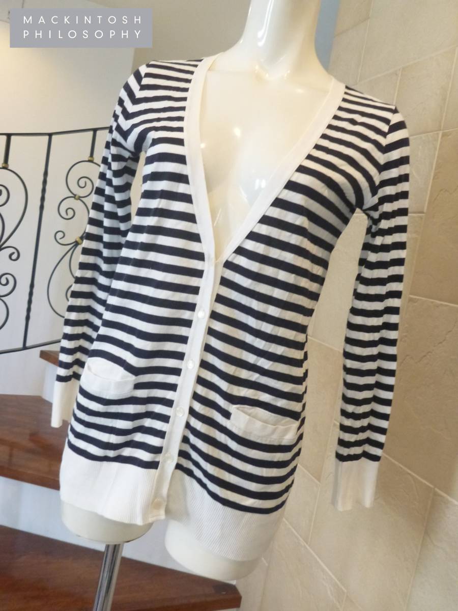 2万 美品 MACKINTOSH PHILOSOPHY マッキントッシュ フィロソフィー ★紺 白 ボーダー カーディガン 38 M相当拍卖