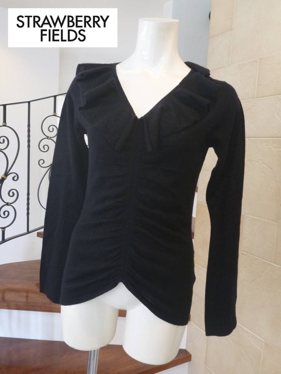 1.8万 美品 STRAWBERRY-FIELDS ストロベリーフィールズ ★黒 カシミヤ混 フリル 長袖 セーター M相当拍卖